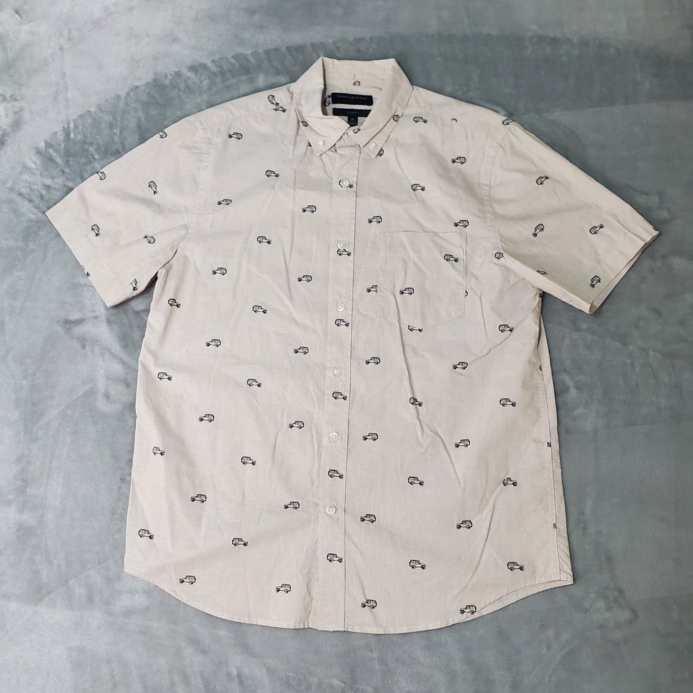 Banana Republic Mens Slim Fit Short Sleeve Button Down Shirt Tan JEEP Print M